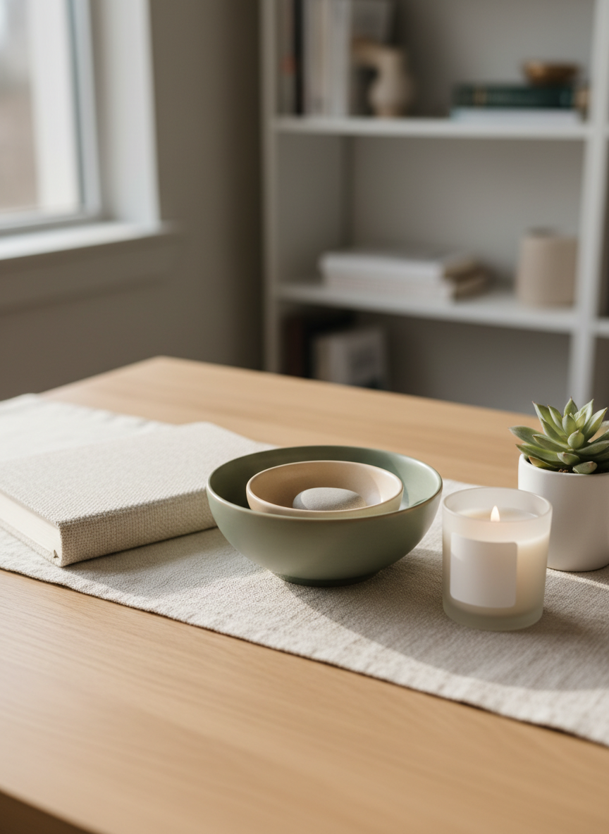 A comforting scene symbolizing infertility counseling: a delicate ceramic nesting bowl set in soft ivory and muted sage, cradling a single, small, smooth stone, placed on a linen runner atop a light oak table. Nearby, a closed journal with a textured fabric cover and an unbranded candle in frosted glass hint at reflection and support. The background shows a blurred counseling office bookshelf with neutral decor, no text. Gentle morning light from the side window casts tender shadows and soft highlights. Photographic realism, with a shallow depth of field and centered composition, creates a compassionate, hopeful mood around fertility struggles and women’s health.