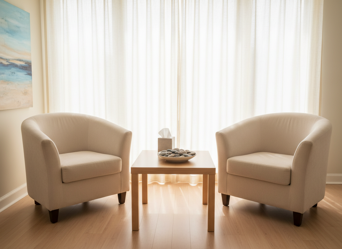 A serene, sunlit room with two cushioned chairs angled toward each other, separated by a low, light-wood table displaying a neutral-toned tissue box and a small bowl of smooth river stones. On the back wall, an abstract art piece in soft blues and warm beige suggests calm communication and conflict resolution without depicting people. Light streams through a large window with sheer curtains, creating a soft glow across the pale hardwood floor. Captured at eye level with balanced composition and sharp focus, the photographic scene feels inviting, emotionally safe, and ideal for couples or family conflict counseling sessions.