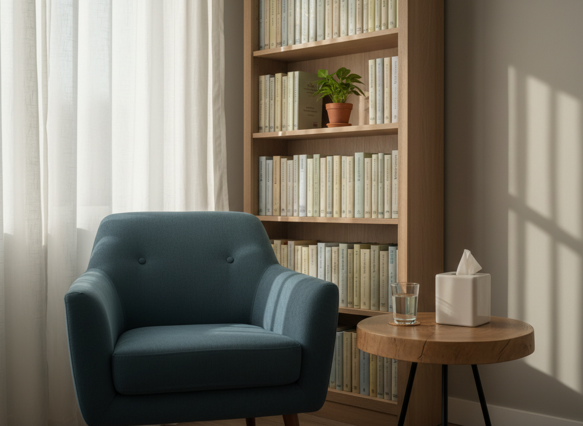 A warmly lit counseling office corner featuring a plush, slate-blue armchair facing a small, round wooden table topped with a simple ceramic tissue box and a glass of water. Behind, a tall bookshelf holds neatly arranged psychology and counseling books with neutral, text-free spines, and a small potted plant softens the scene. Soft afternoon light filters through sheer white curtains, creating gentle shadows on the pale taupe walls. Photographic realism with an eye-level composition and shallow depth of field keeps the focus on the seating area, conveying a professional, private, and safe therapeutic space suited for individual or couples counseling.