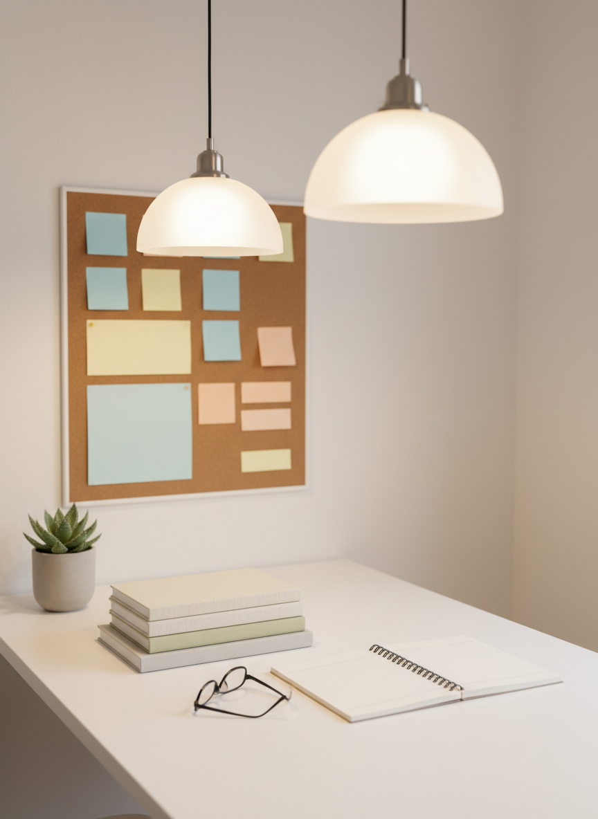 A minimalist learning and support nook suggesting educational counseling: a clean white table holding a stack of unmarked textbooks in soft neutral colors, a spiral notebook open to blank pages, and a pair of simple, black-framed reading glasses. A corkboard on the wall behind shows only abstract, text-free sticky notes and color blocks, representing organized planning. A small plant in a matte ceramic pot adds life. Overhead, warm pendant lighting casts even, gentle illumination with soft shadows, creating a focused, encouraging atmosphere. Photographic, eye-level composition with moderate depth of field conveys structured guidance and academic support without showing any people.